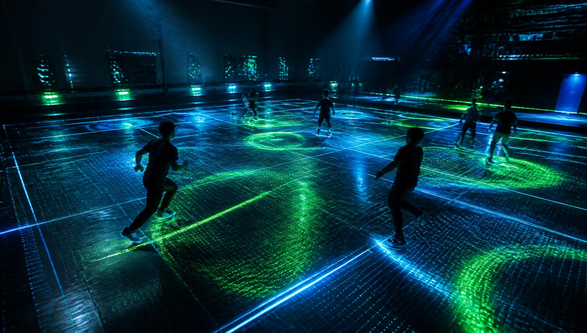 Arenă LED interactivă ANIMUS cu jucători în mișcare pe podeaua luminată